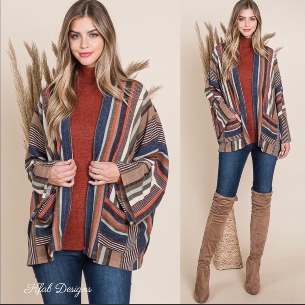 Striped Boho Jacket V Back Soft Fabric Pocket Cardigan Bell Sleeves